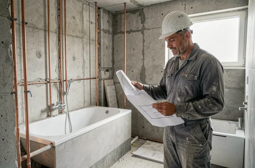 Chantier de rénovation salle de bain à Clermont-Ferrand avec plomberie apparente et plans de construction