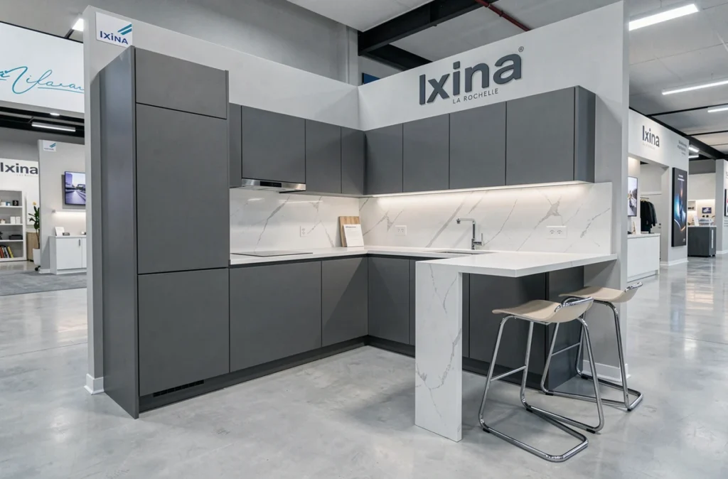 Cuisine Ixina La Rochelle en gris anthracite avec plan de travail en quartz blanc et coin repas