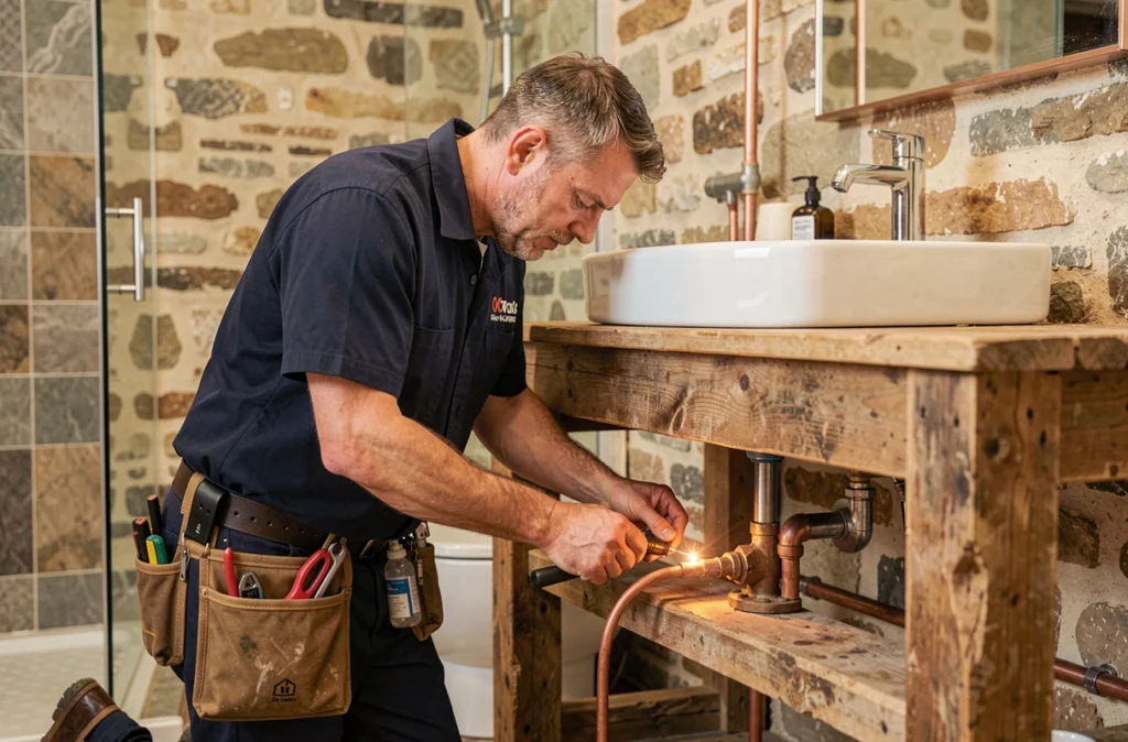 Plombier professionnel travaillant sur une installation salle de bain dans une ferme auvergnate
