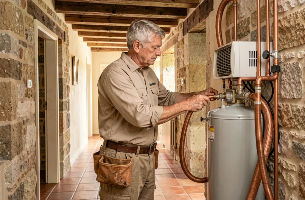 Spécialiste Lepoittevin raccordant des tuyaux en cuivre pour une installation de climatisation dans une maison normande rénovée
