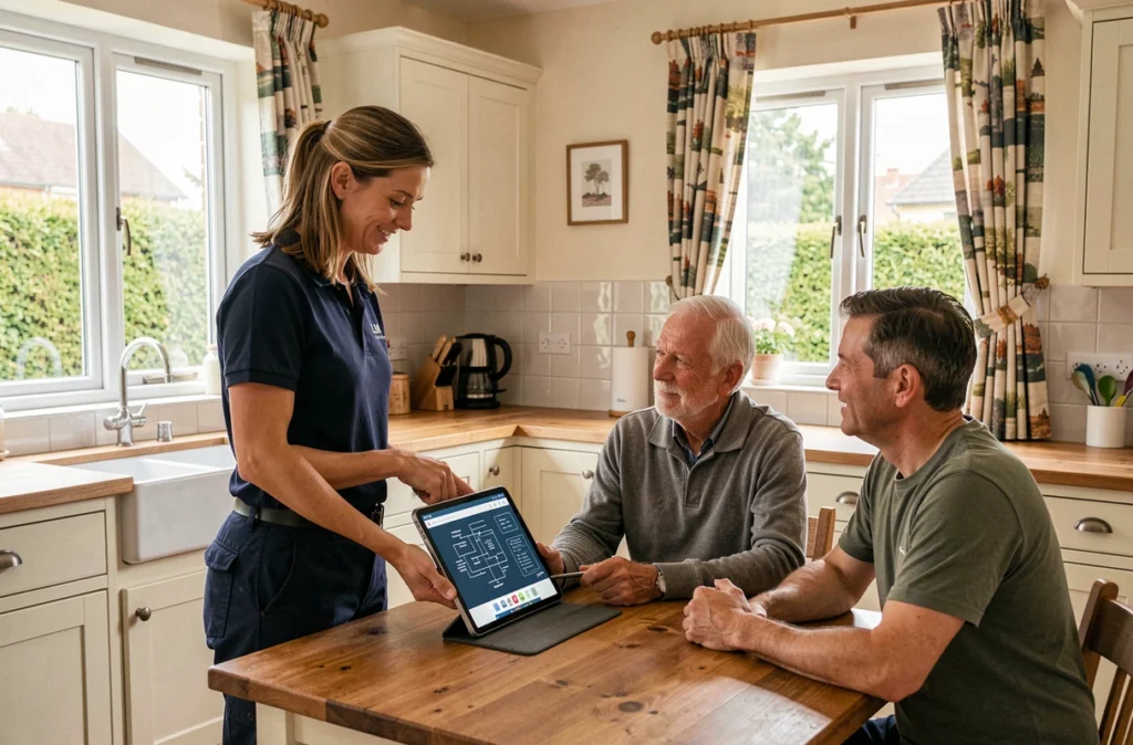 Conseillère LJM Confort présentant une solution de climatisation à un couple dans une cuisine normande
