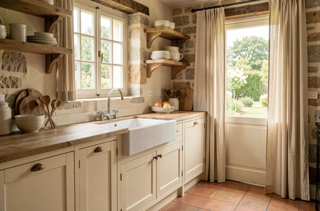 Cuisine de style maison de campagne réalisée par Maison Salbreux avec meubles crème et étagères en chêne