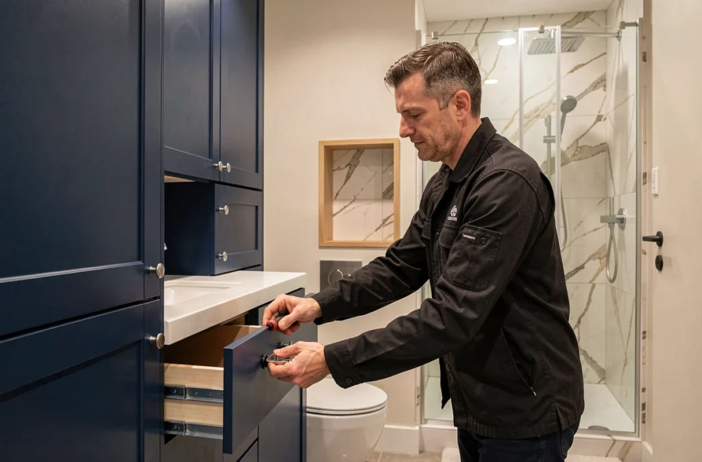 Aménagement salle de bain sur mesure à Clermont-Ferrand avec cabineterie laquée et douche en marbre