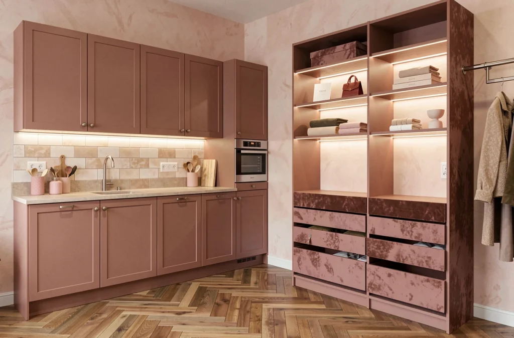 Showroom Marie Rodrigues Cuisine et Dressing avec cuisine en vieux rose et dressing ouvert élégant