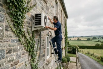 Technicien en climatisation installant une unité extérieure sur une maison en pierre normande dans le Calvados