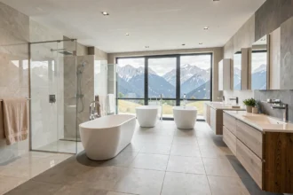 Showroom de salles de bain modernes en Auvergne-Rhône-Alpes avec installations variées en tons neutres