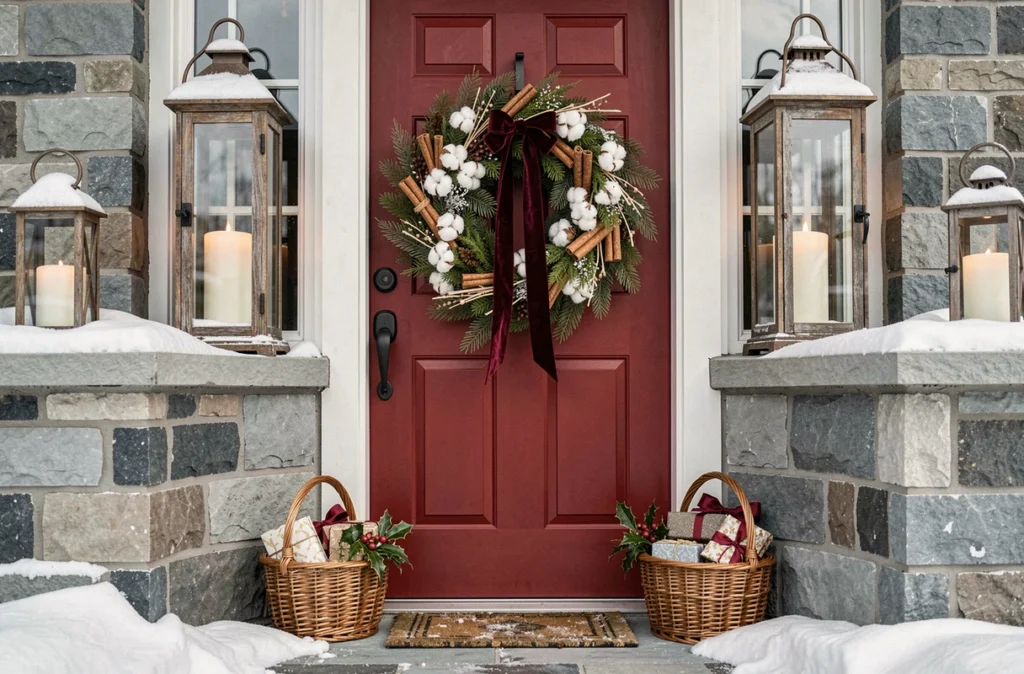 Porte d'entrée rouge décorée pour Noël avec couronne végétale, lanternes et paniers cadeaux sur marches enneigées