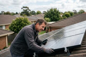 Propriétaire inspectant des panneaux solaires photovoltaïques installés sur le toit de sa maison individuelle