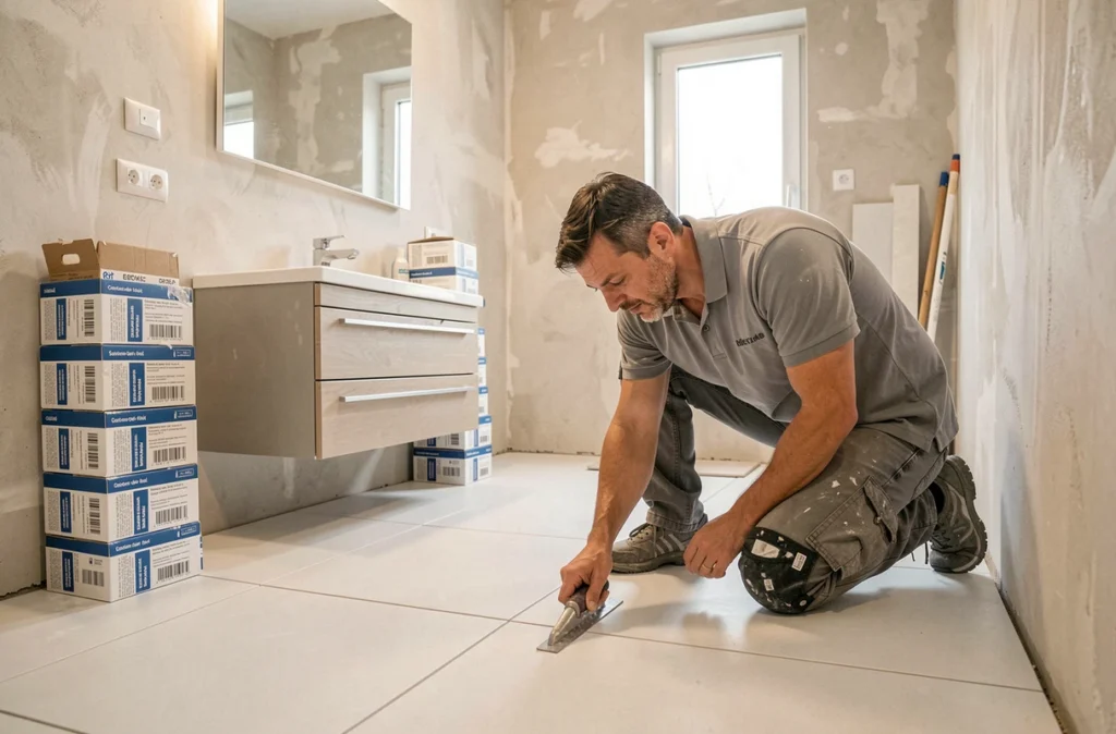 Rénovation de salle de bain en cours à Saint-Étienne-de-Saint-Geoirs avec pose de carrelage professionnel
