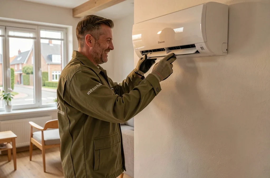 Technicien de Robine Energies et Bien-être posant une unité intérieure de climatisation dans un salon moderne