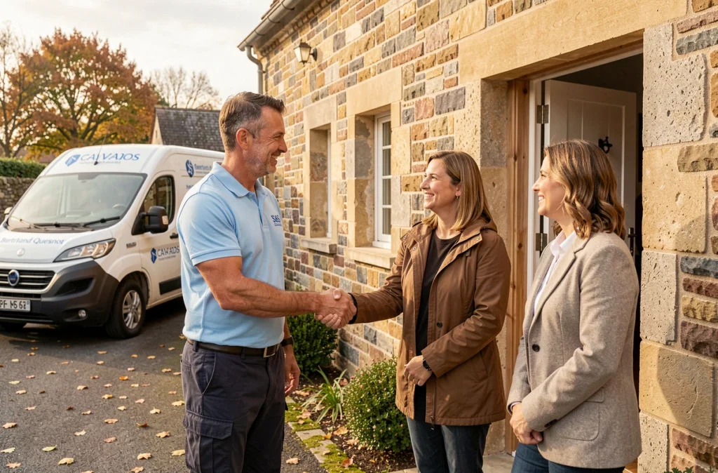 Dirigeant de SAS Bertrand Quesnot serrant la main de clients satisfaits devant leur maison normande après une installation de climatisation