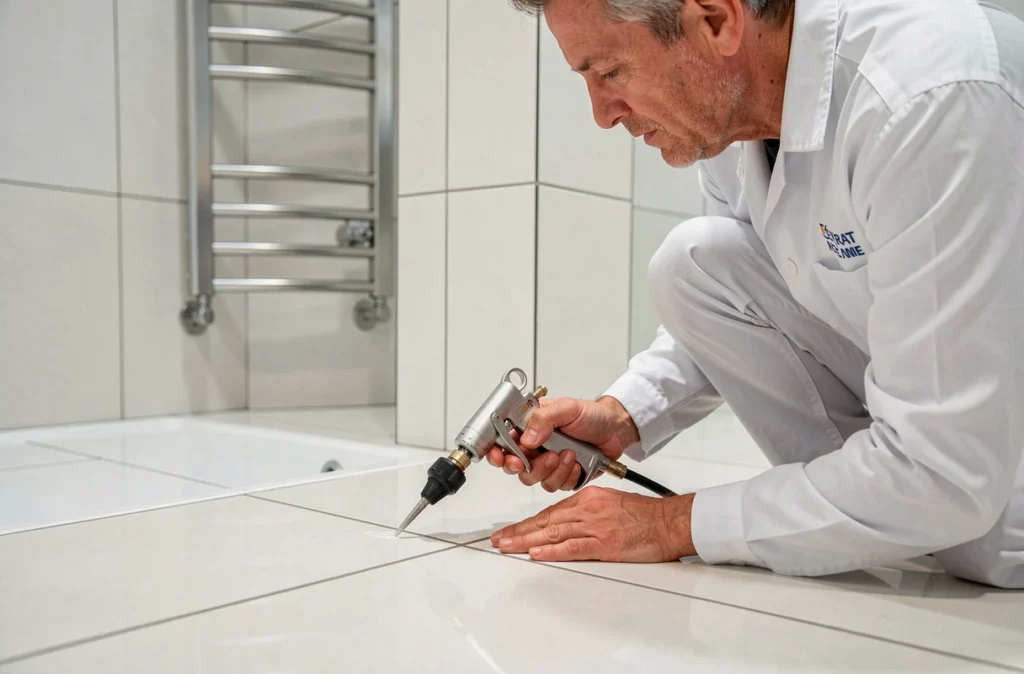 Finisseur appliquant du silicone sur le joint d'une douche lors de finitions salle de bain à Ceyrat
