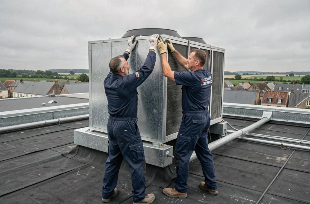 Deux techniciens de la Société L'air Froid installant une unité de climatisation sur un toit industriel dans le Calvados