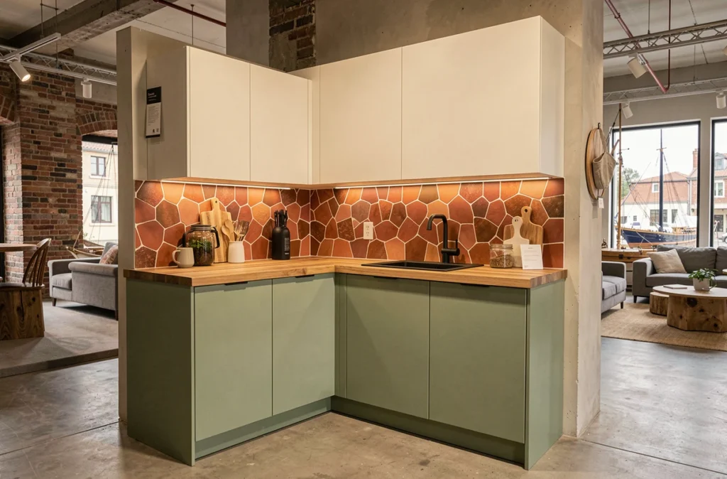 Cuisine SoCoo'c Rochefort en vert sauge et blanc avec crédence en carreaux zellige terracotta