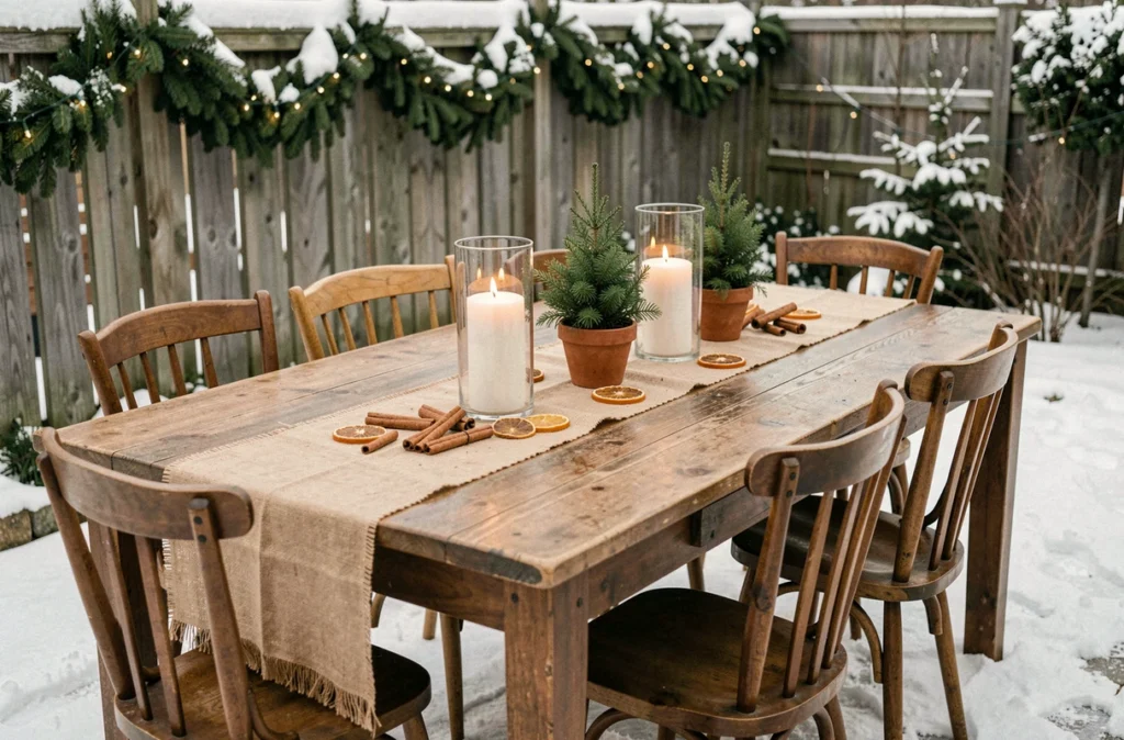 Table extérieure décorée pour Noël en hiver avec bougies, sapins en pot et oranges séchées sur terrasse enneigée