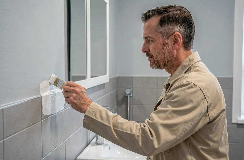 Peintre intérieur appliquant une finition précise dans une salle de bain rénovée à Romagnat