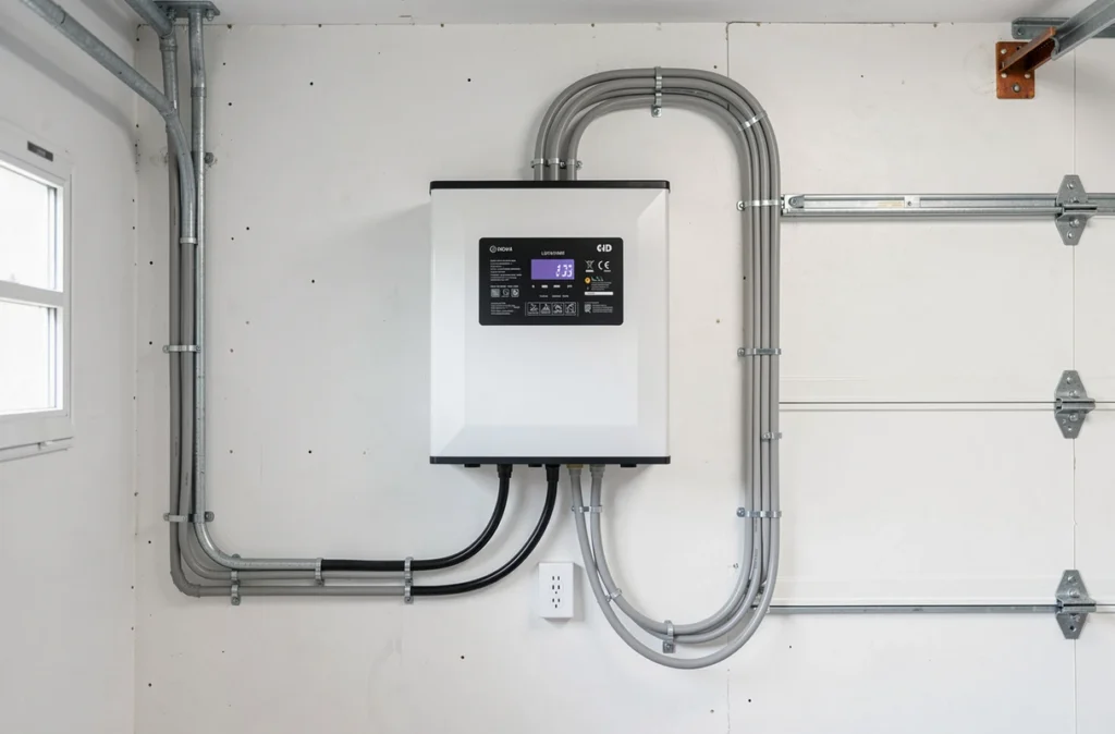 Batterie domestique fixée au mur d'un local technique ventilé