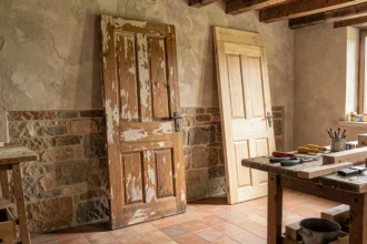 Comparaison entre une ancienne porte en bois authentique aux peintures écaillées et une copie neuve dans un atelier de restauration artisanal