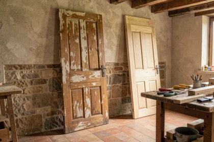 Comparaison entre une ancienne porte en bois authentique aux peintures écaillées et une copie neuve dans un atelier de restauration artisanal