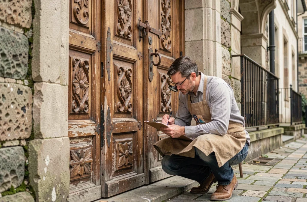 Artisan expert évaluant une ancienne porte en bois sculptée aux ferrures rouillées sur une façade de bâtiment historique en pierre