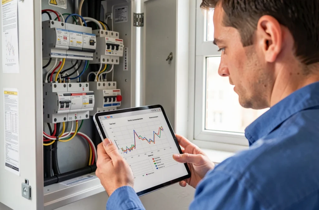 Installateur étudiant la consommation électrique d'un foyer sur une tablette