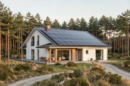 Maison côtière avec panneaux solaires sur le toit, près d'une pinède